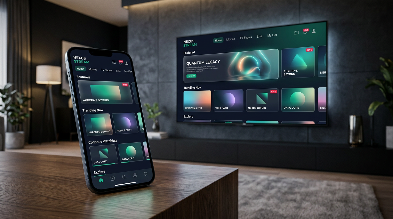 Illustrative smartphone and TV showing a generic streaming app interface — not a specific client product.