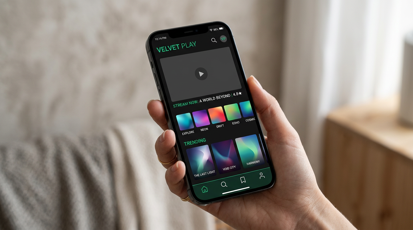 Mobile app mockup with generic dark streaming interface